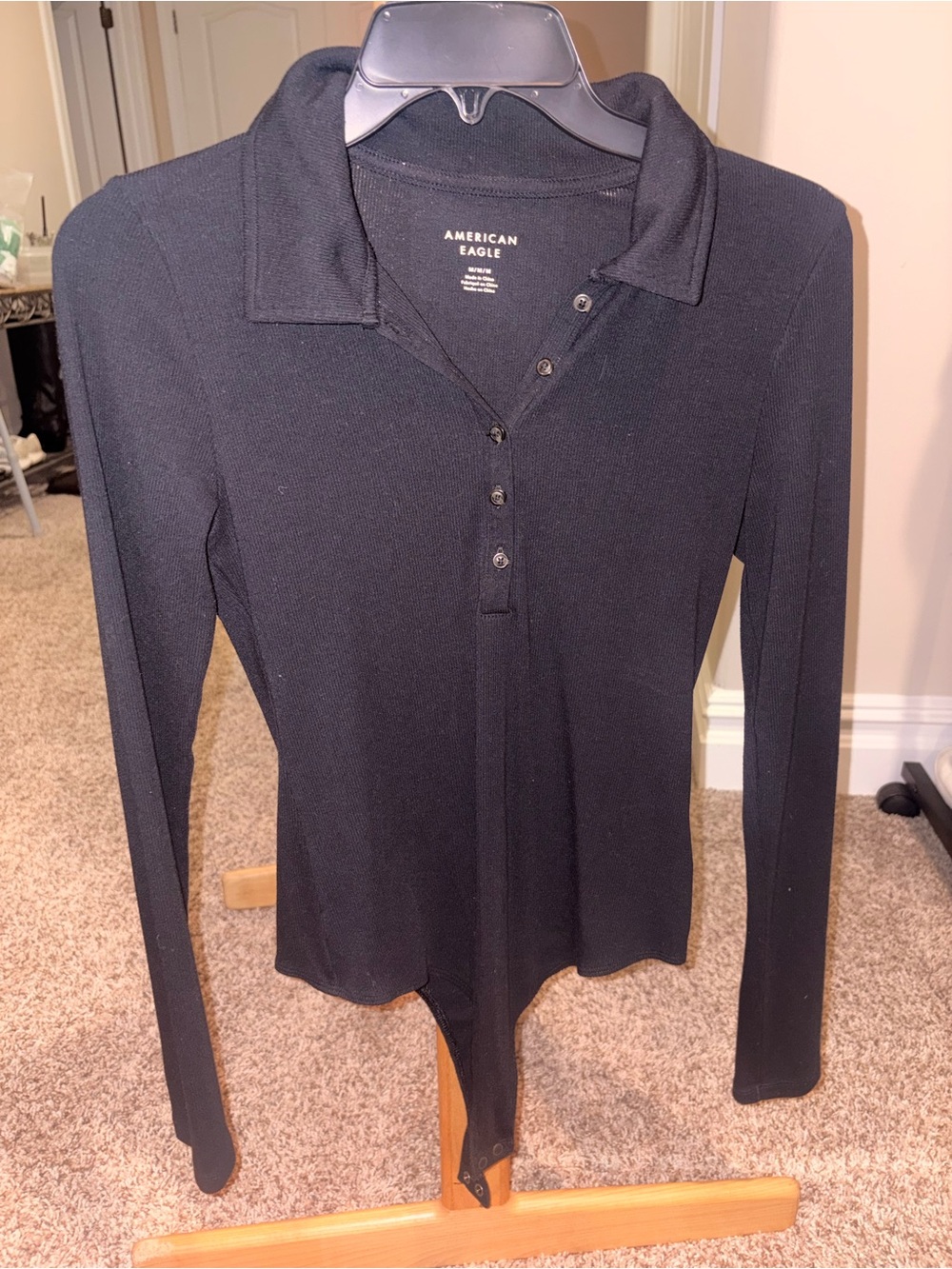 American Eagle Outfitters Black Ribbed Long-Sleeve Polo Bodysuit